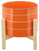 8" Striped Planter With Wood Stand, Orange