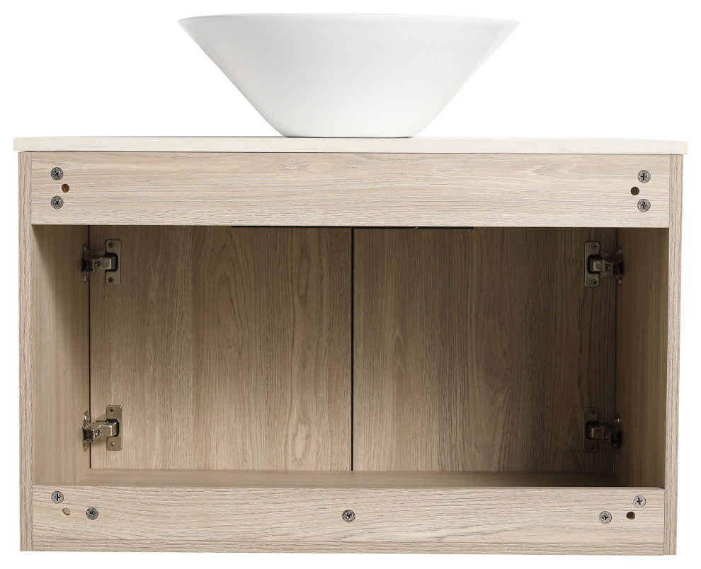 Wall-Mounted Bath Vanity, White Oak, White Ceramic Vessel Sink