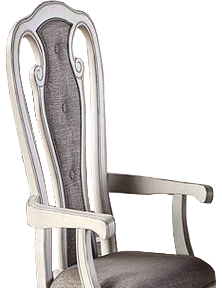 Benzara BM233131 Wooden Arm Chair With Button Tufted Back, Set of 2, Cream/Gray
