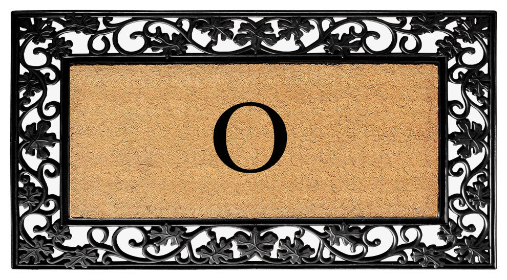 A1HC Floral Border Black 18x30 Rubber and Coir Heavy Duty Monogrammed Doormat, O