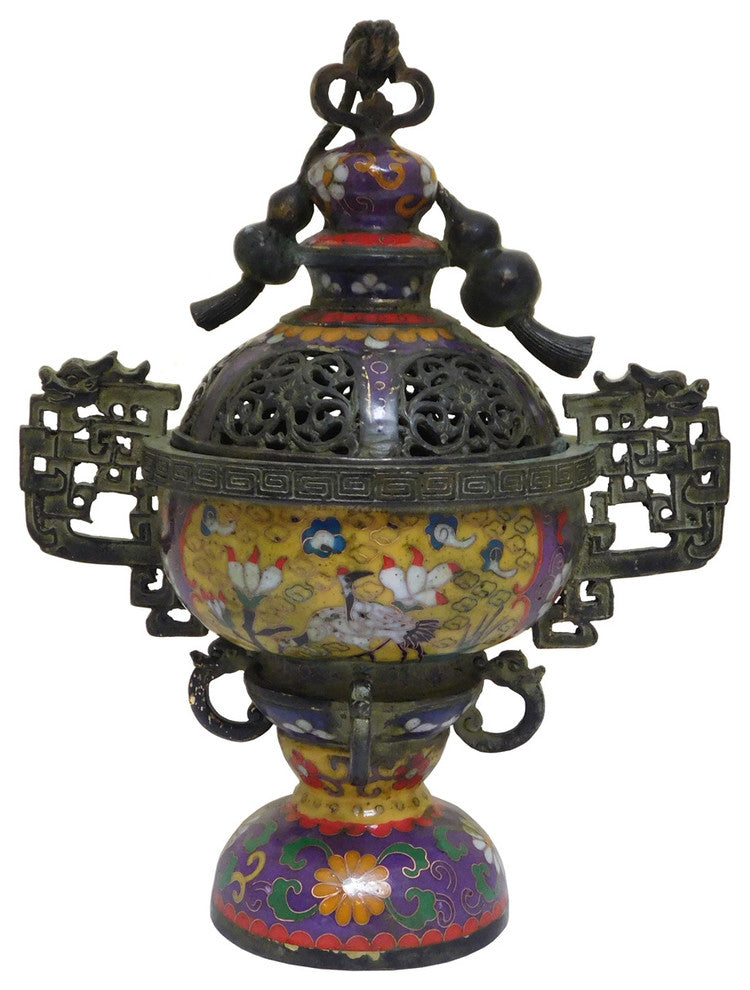 Chinese Metal Yellow Enamel Cloisonne Incense Burner Figure