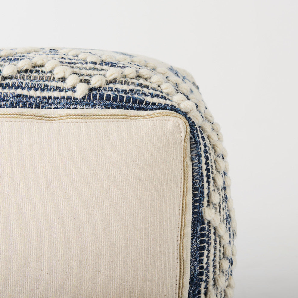 Eshana 16Lx16Wx16H Cream Wool and Denim Patterned Pouf