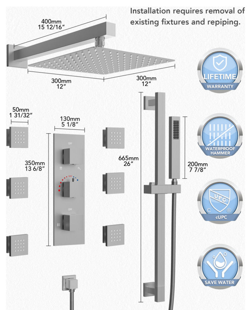 Thermostatic Shower Faucet 12" Rain Shower Head with Handheld Slide Bar System, Brushed Nickel