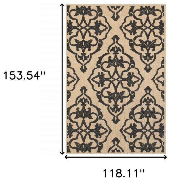 10' x 13' Beige and Black Oriental Stain Resistant Indoor Outdoor Area Rug