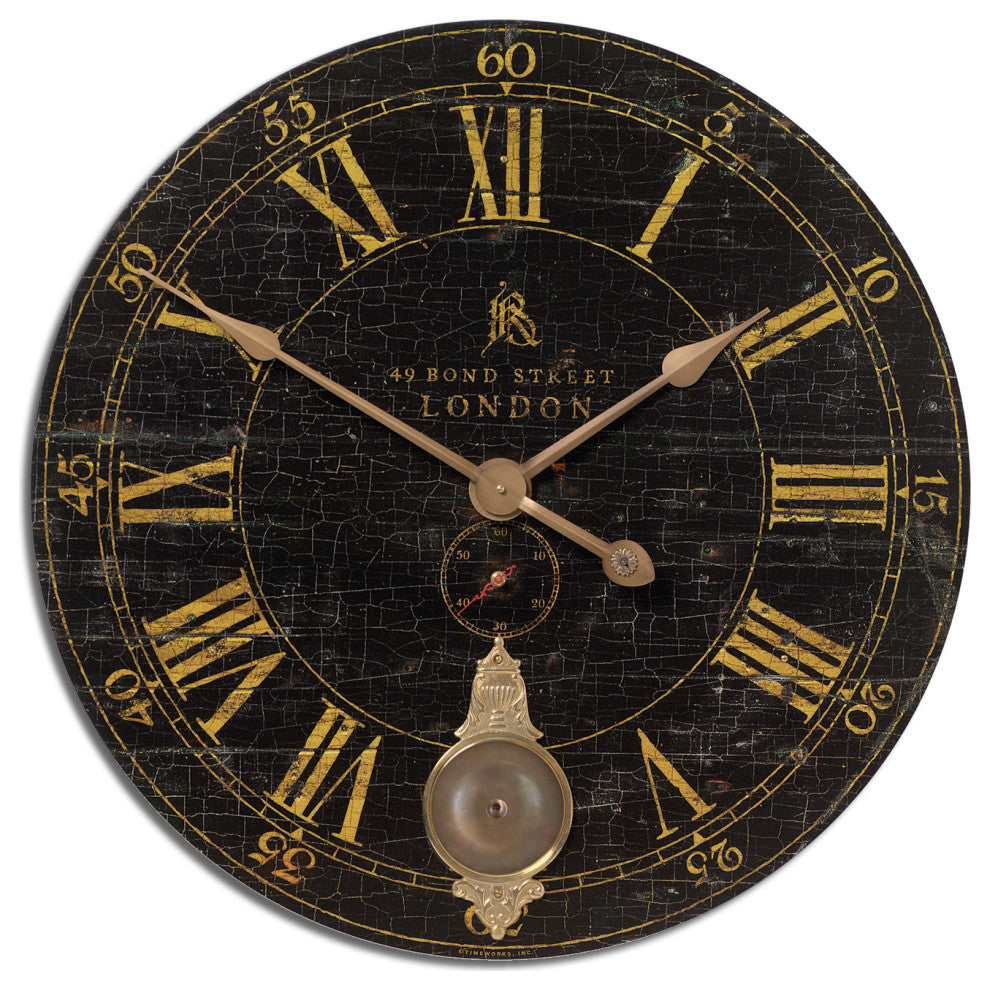 Large London Round Brass Pendulum Wall Clock, Black Crackled Face