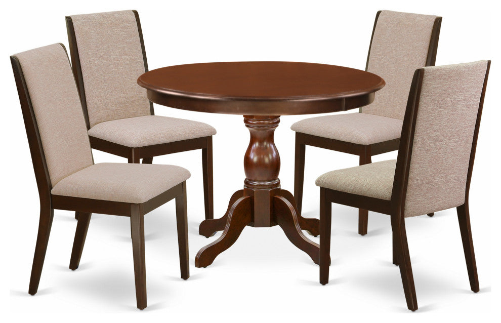 5 Pc Kitchen Set, Mahogany Round Dining Table, 4 Light Tan Kitchen Chairs