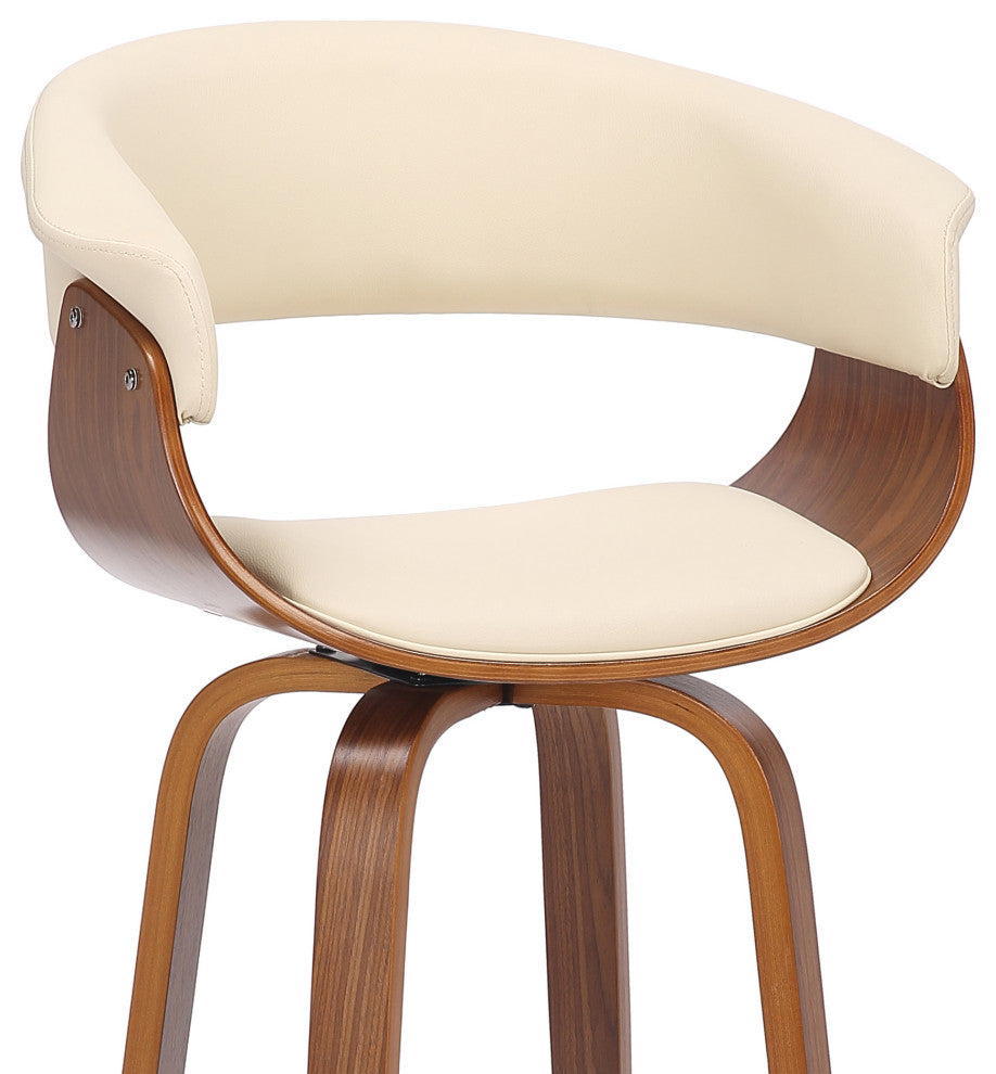 Julyssa 30" Bar Height Swivel Cream Faux Leather and Walnut Wood Bar Stool