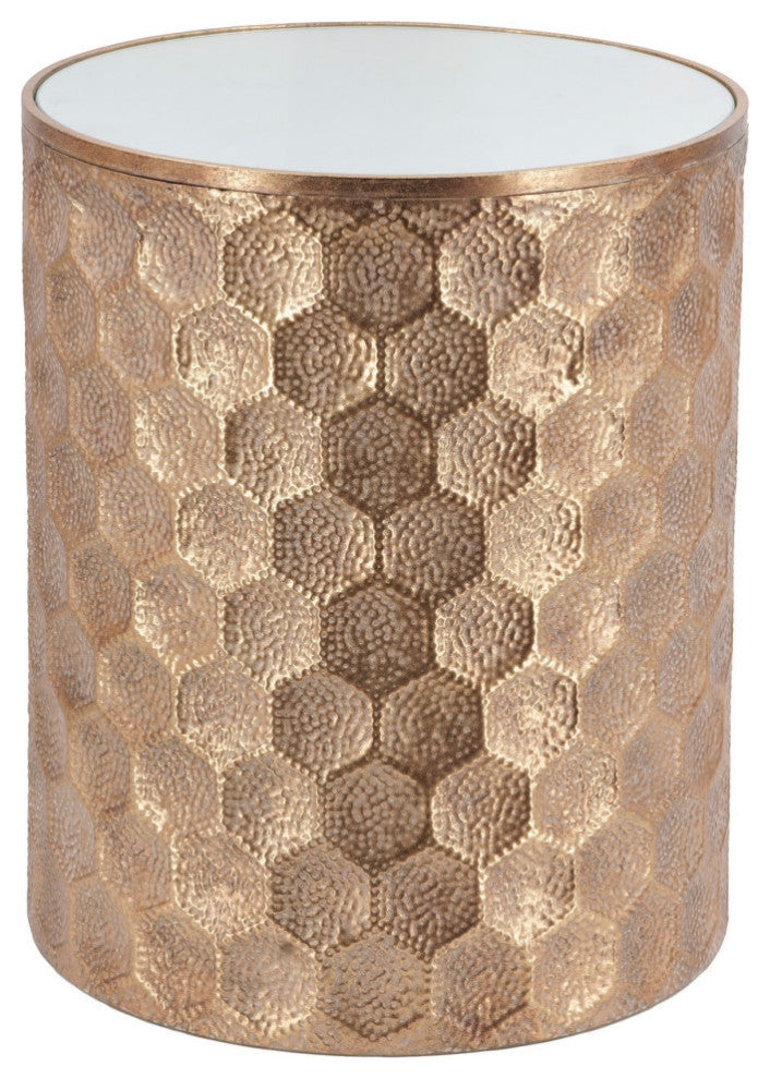 20 Inch Side Table, Iron Top, Mirrored Tabletop, Hammered Texture, Gold