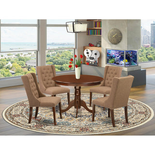 5Pc Dining Set, 1 Pedestal Table, 4 Light Sable Parson Chairs, Mahogany Finish
