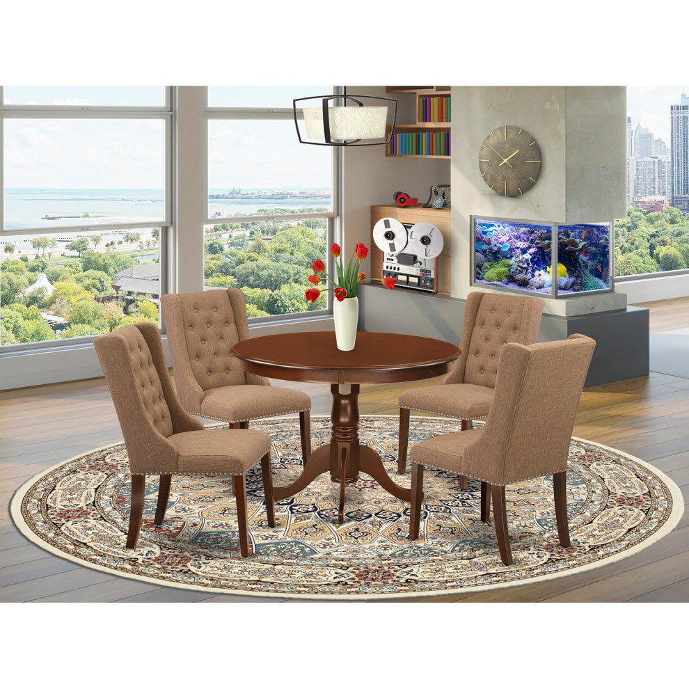 5Pc Dining Set, 1 Pedestal Table, 4 Light Sable Parson Chairs, Mahogany Finish