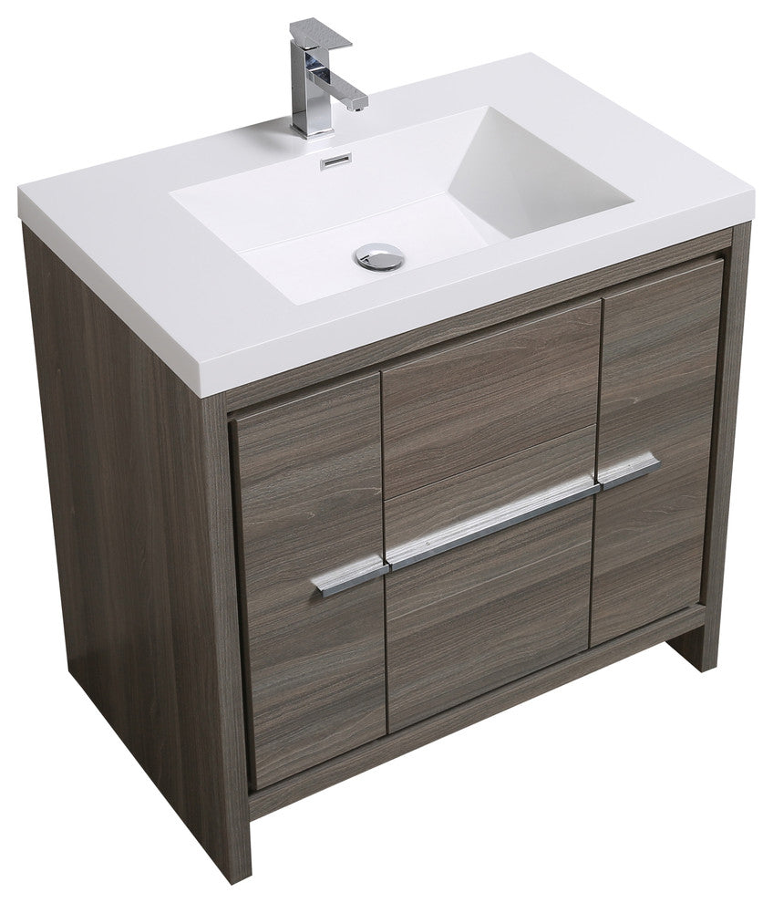 Aquamoon Granada Modern Bathroom Vanity With LED Mirror, Maple Grey, 36"