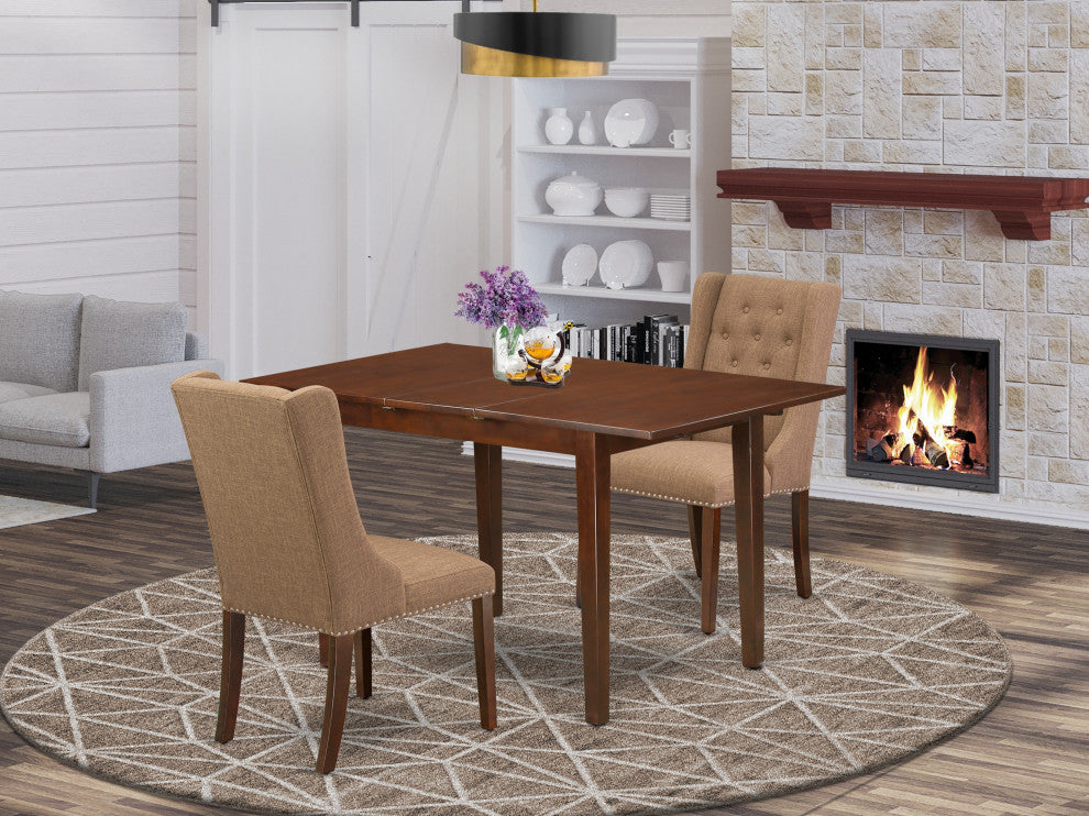 3Pc Dinette Set, 1 Butterfly Leaf Table, 2 Light Sable Chairs, Mahogany Finish