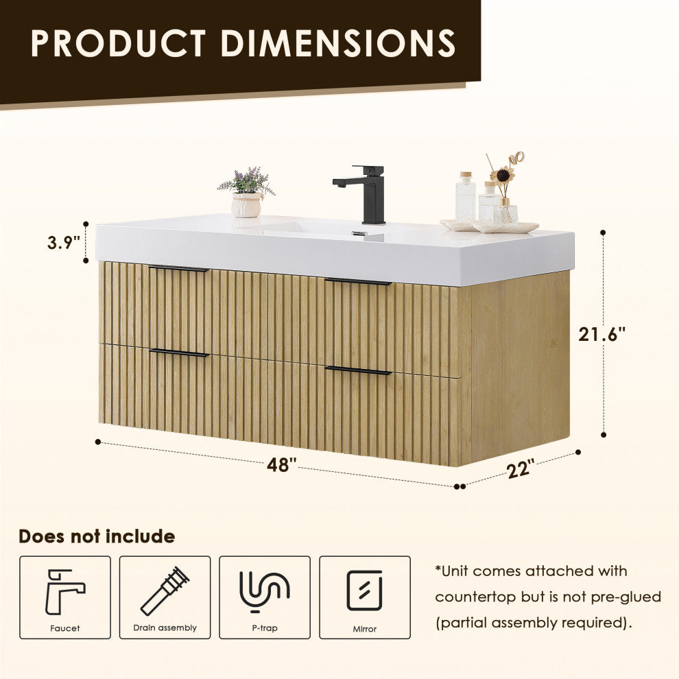 Livia Wall-mounted Bathroom Vanity, Nature Brown, 48inch, No Mirror