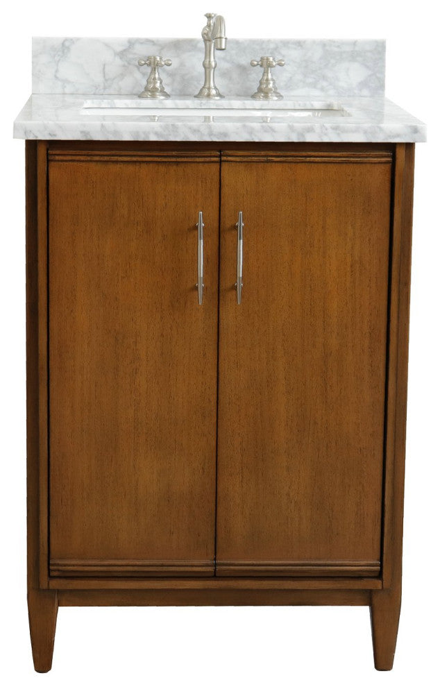 25" Single Sink Vanity, Walnut Finish With White Carrara Marble