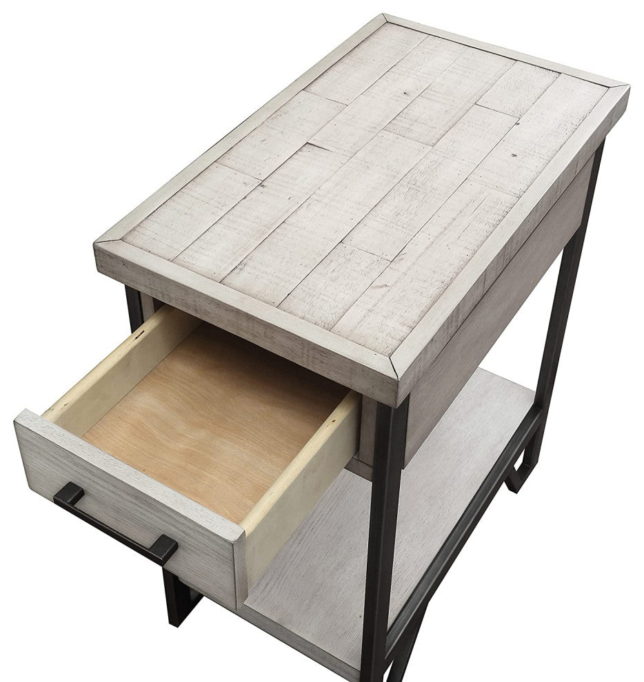 Rustic Side Table, Metal Frame With MDF Drawer & Open Lower Shelf, Antique White