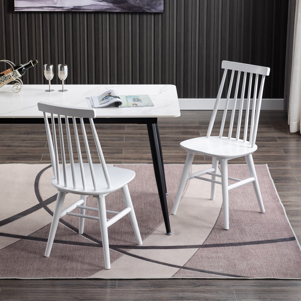 Set of 2 Farmhouse Spindle Wood Windsor Dining Chairs, White