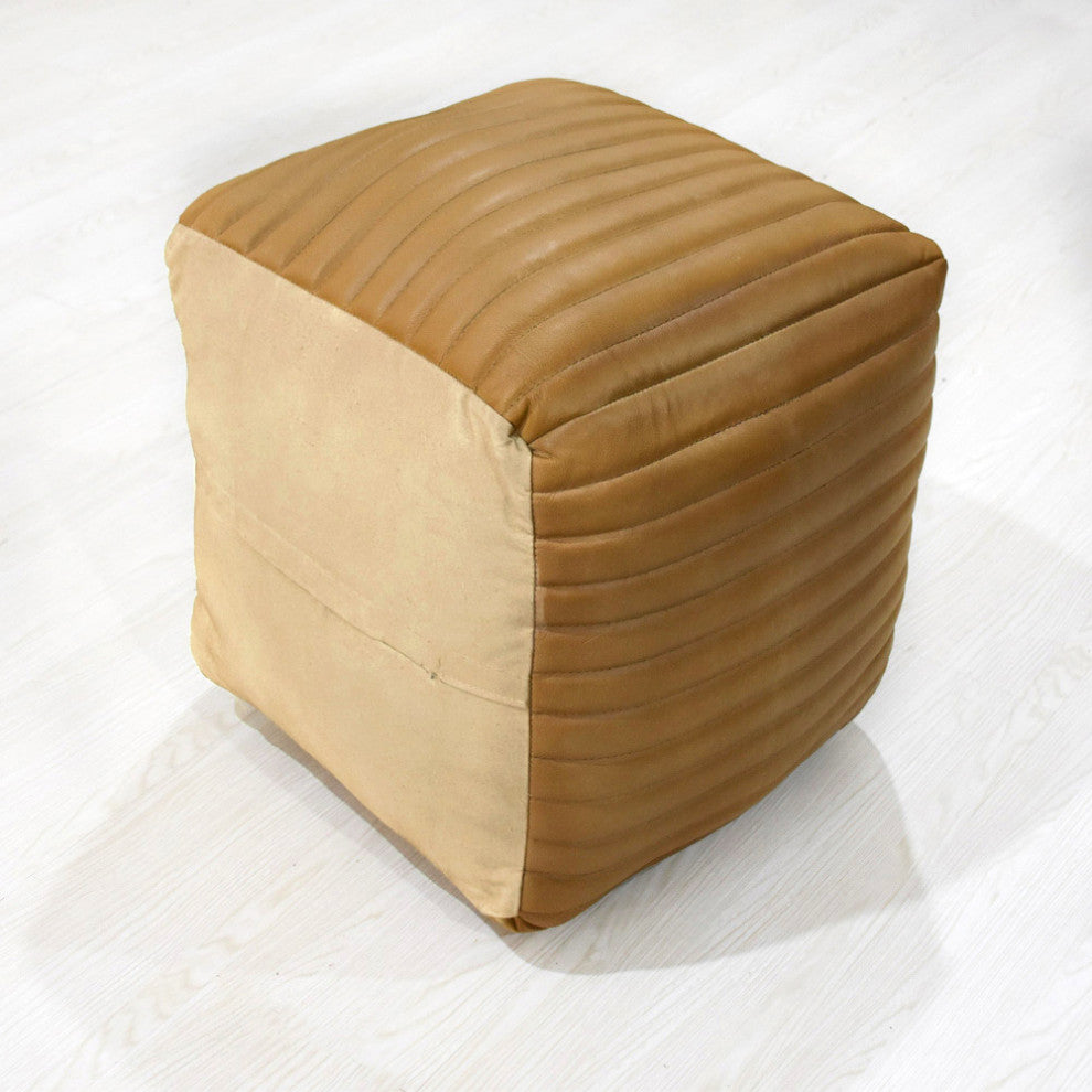 Poufs-Solid Handmade Goat Leather Pouf, Recycled Cotton Fill, Beige, 14x14x14 Square.