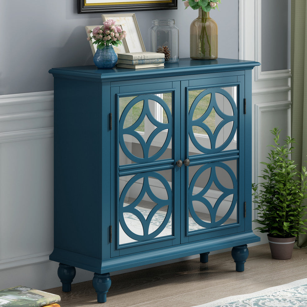 Wood Double Mirrored Door Accent Cabinet with Adjustable Shelf, Blue, 33" X 13"