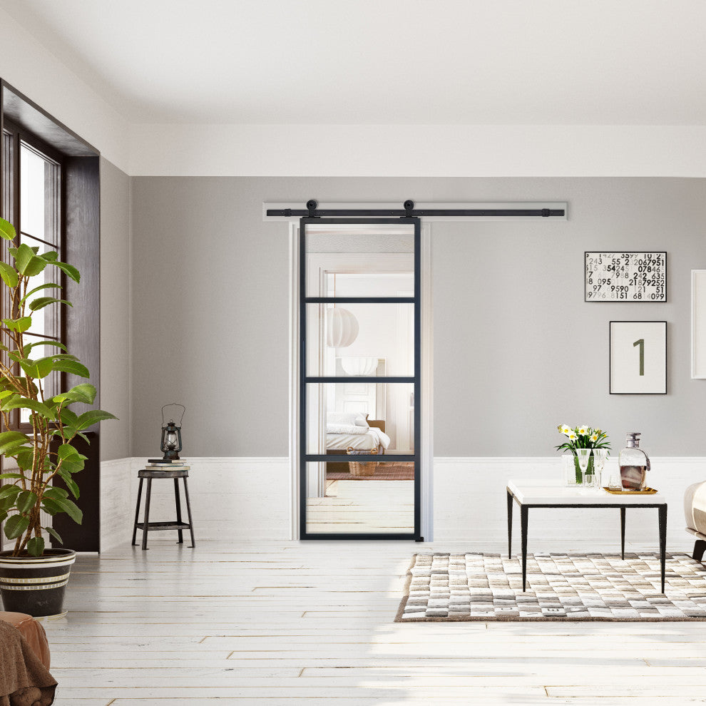 Modern French 4 Lite Clear Barn Door, 42"x84"