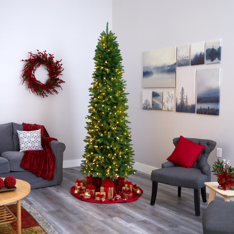 8ï¿½ Slim Green Mountain Pine Artificial Christmas Tree / 400 Clear LED Lights