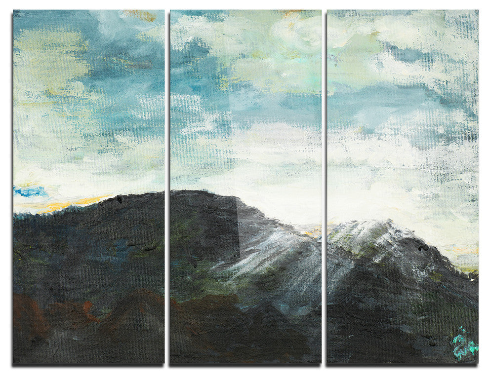 "Mountain Peak Under Cloudy Sky" Painting Metal Wall Art, 3 Panels, 36"x28"