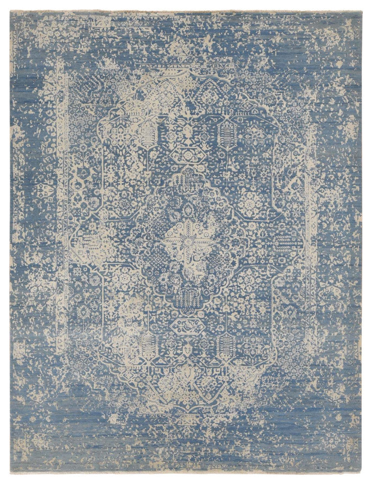 Steel Blue, Broken Persian Design, Wool and Silk, Hand Knotted Rug, 9'2"x12'1"