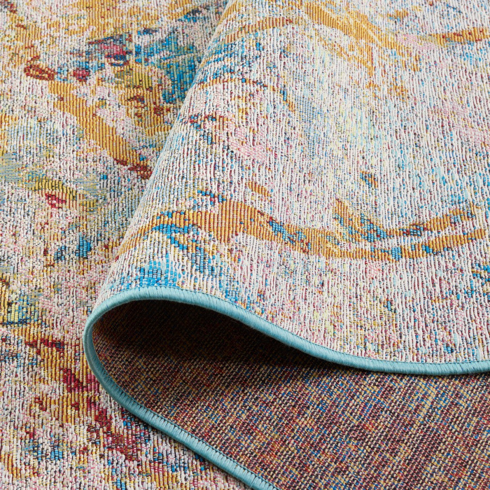 Safavieh Barbados Collection Indoor-Outdoor, BAR538 Rug, Light Blue/Yellow Rust, 6'6" Square