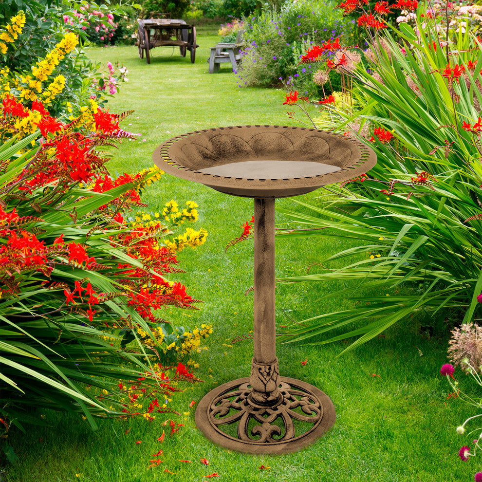 Pure Garden Resin Bird Bath With Antique Scroll Design Bronze