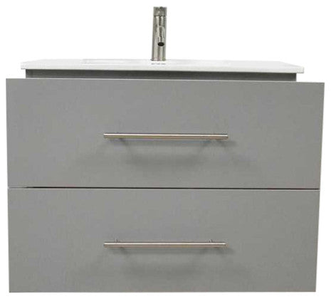 Napa 30" Modern Floating Bathroom Vanity With Ceramic Top and Round Handles, Gray