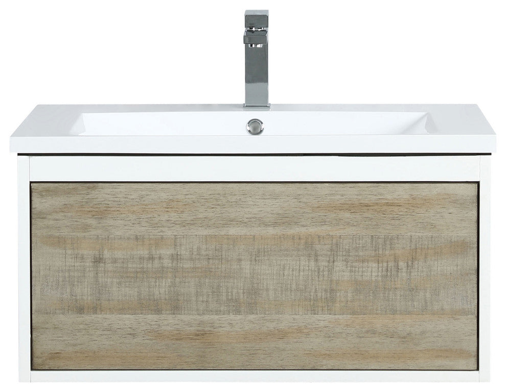 Scopi 30 Rustic Acacia Vanity, Acrylic Top With Sink, Rose Gold Faucet Set