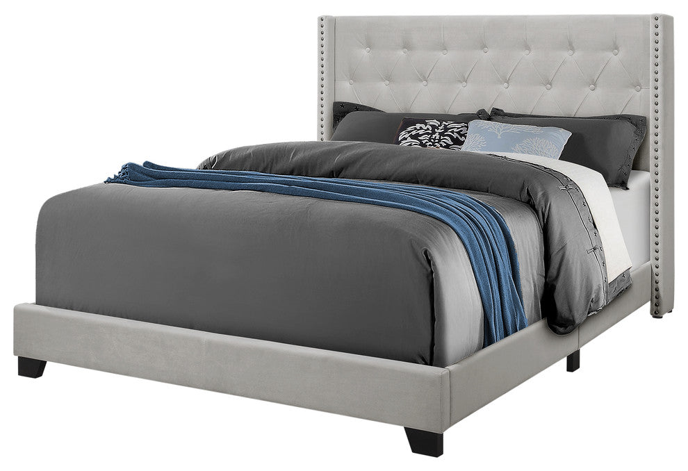 Bed, Queen Size, Platform, Bedroom, Frame, Upholstered, Velvet, Wood Legs