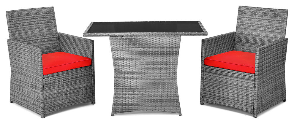 Costway 3PCS Patio Rattan Furniture Set Cushioned Sofa Armrest  Garden Red