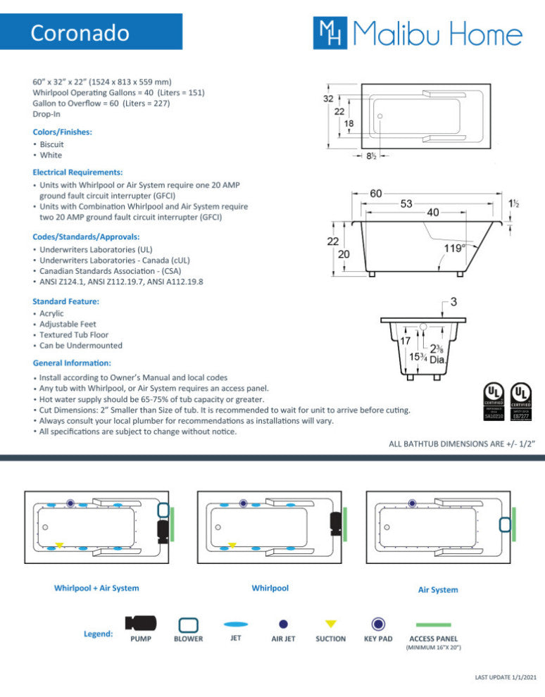 Malibu Coronado Rectangle Soaking Bathtub 60x32x22 Biscuit