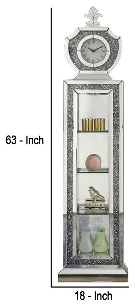Benzara BM269092 Grandfather Clock With 4 Compartments and Mirror Frame, Silver
