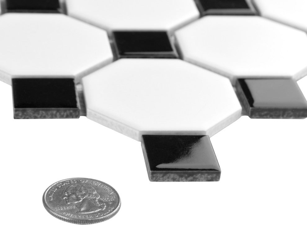 Metro Octagon Matte White w/ Black Dot Porcelain Floor and Wall Tile
