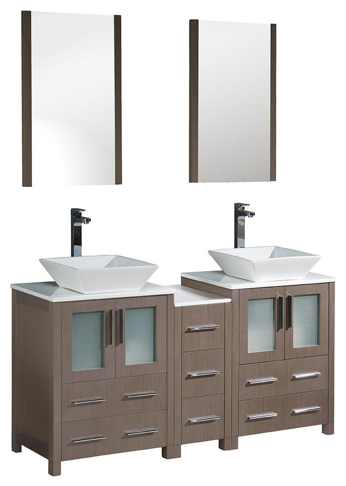 Torino 60" Gray Oak Modern Double Sink Bathroom Vanity, Faucet FFT9152BN