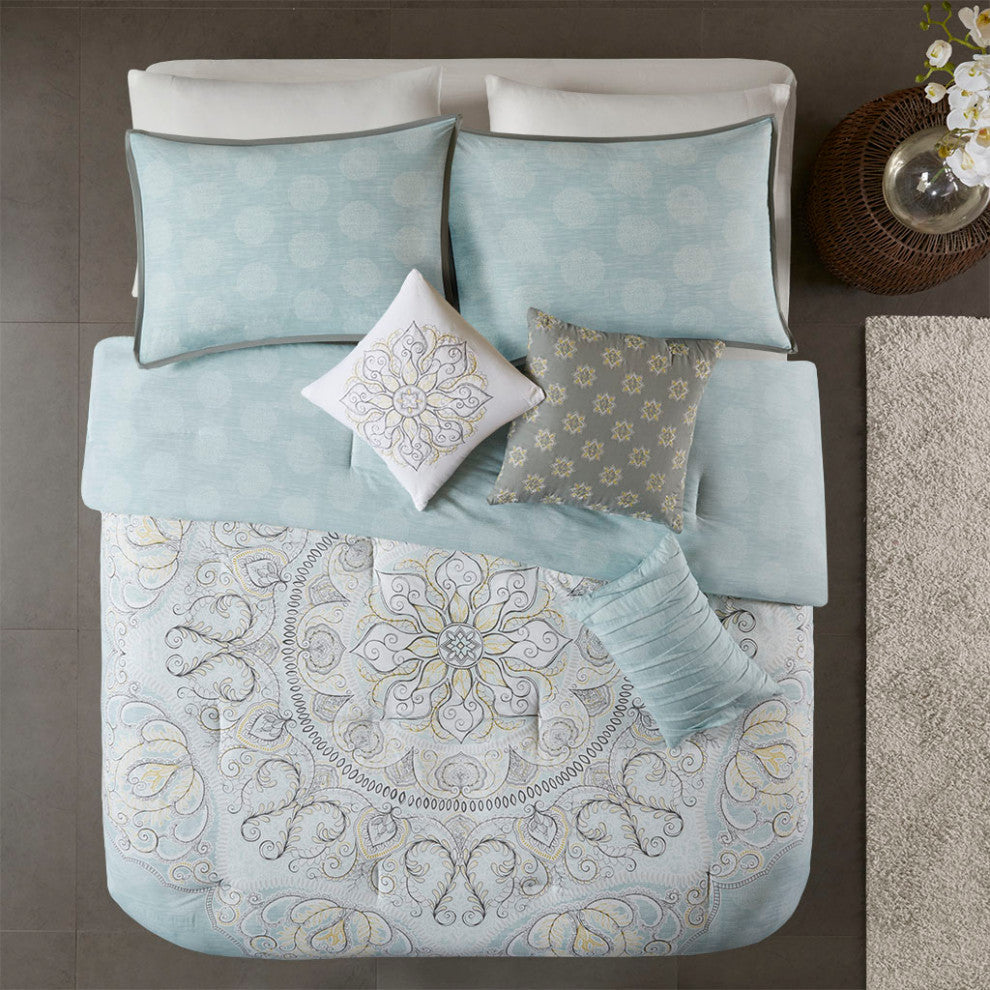 Madison Park Lucinda 7 Piece Reversible Cotton Sateen Comforter Set in Seafoam