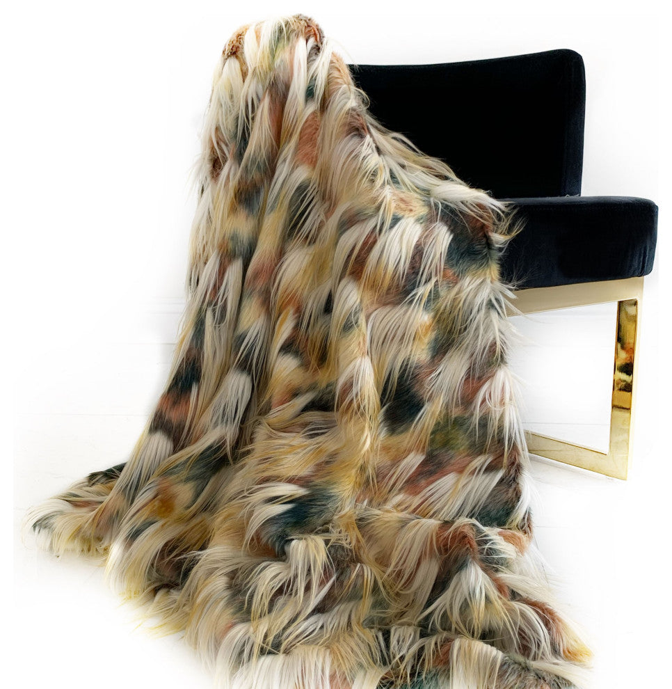 Plutus Multi-Color Fancy Feather Faux Fur Luxury Throw Blanket, 102"x116"