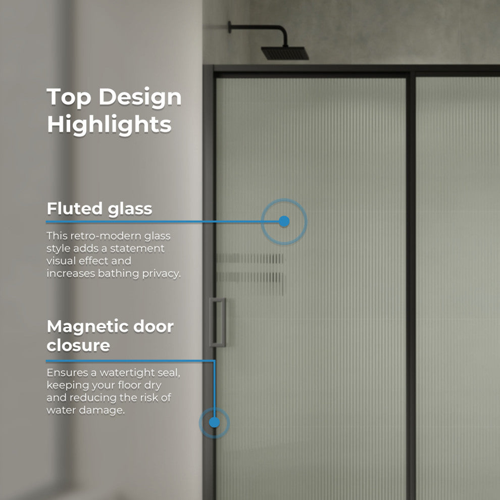 Stanford Sliding Fluted Alcove Shower Door, Black, Fluted Glass, 60"