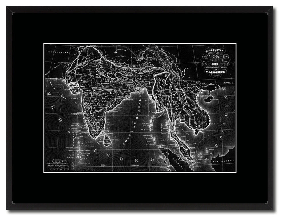 India, Southeast Asia Vietnam Old Monochrome Map On Canvas With Frame, 16" X 21"