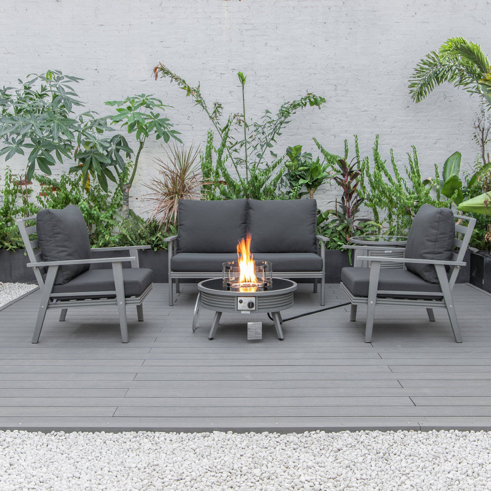 LeisureMod Walbrooke Patio Sofa Set With Round Fire Pit Table, Charcoal