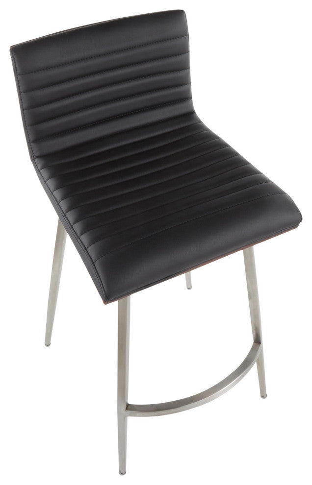 Mason Swivel Counter Stool, Set of 2, Stainless Steel/Walnut Wood/Black PU