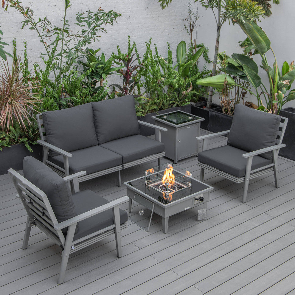 LeisureMod Walbrooke Gray Patio Conversation Set With Fire Pit, Charcoal
