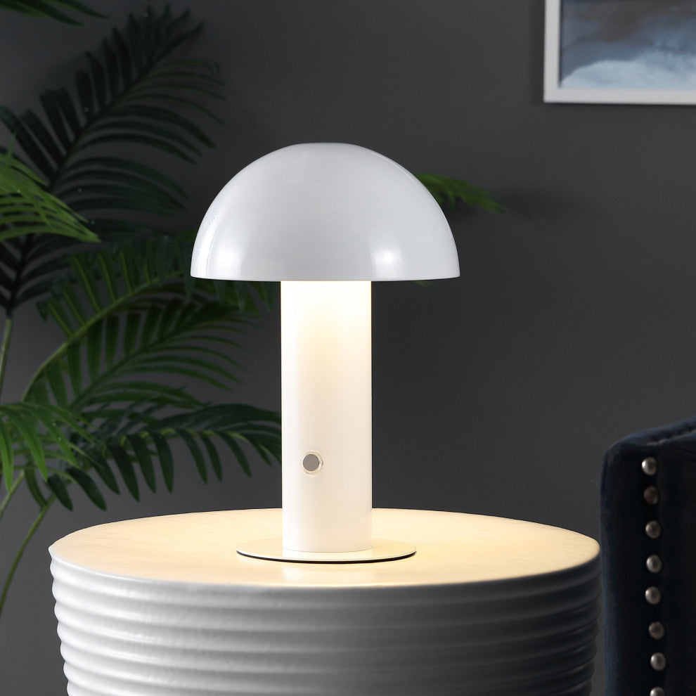 Boletus 10.75" Rechargeable/Cordless Iron Integrated Mushroom Table Lamp, White