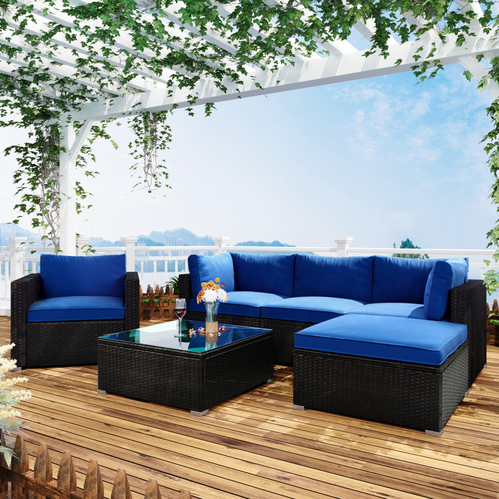 6 Pieces Outdoor Rattan Patio Sectional Sofa Set With Glass Table