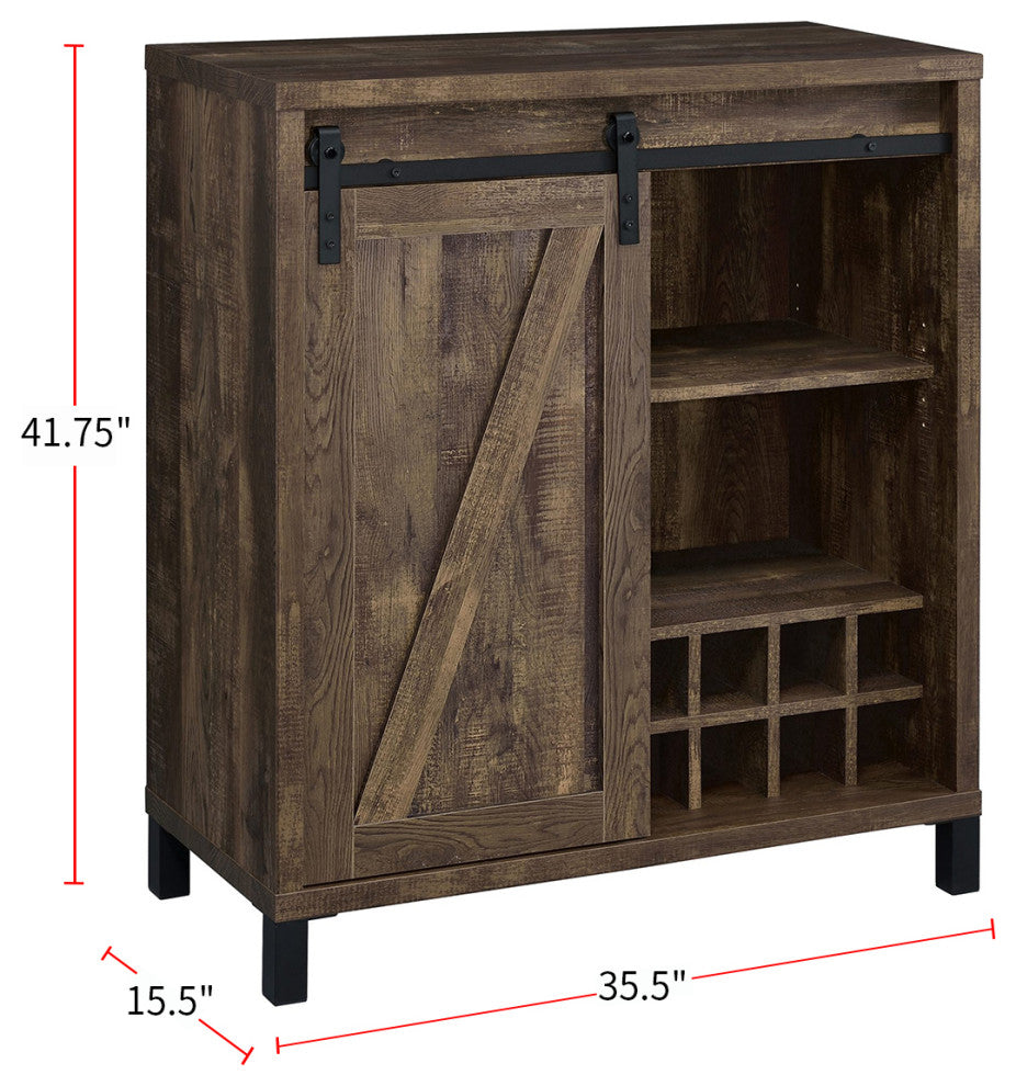 Wood Bar Cabinet with Wine Rack and shelves, Rustic Oak and Black