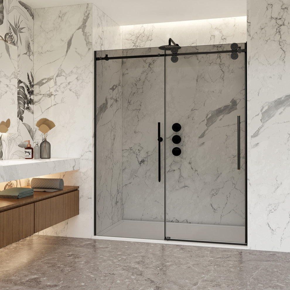 Echarri Single Sliding Frameless Shower Door, Tinted Glass, Matte Black, 64" W X 78"h