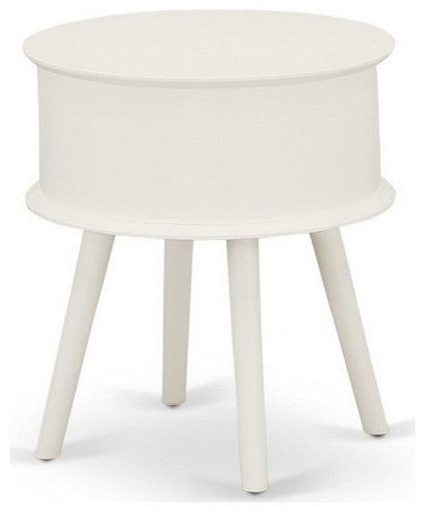 Gordon Round Night Stand End Table With Drawer, White Finish