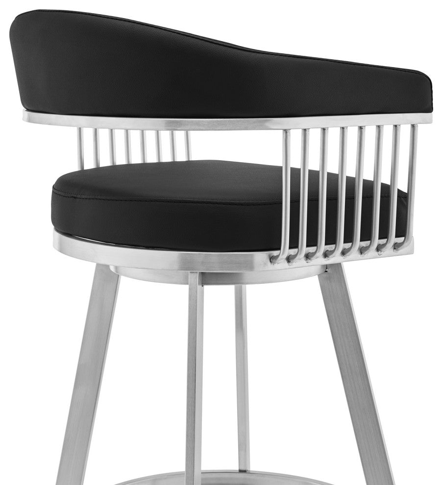 30" Mod Black Faux Leather Brushed Silver Finish Swivel Bar Stool