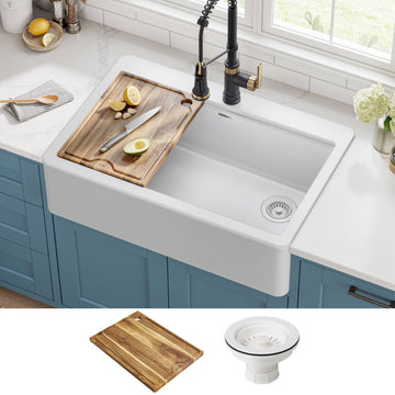 KRAUS Bellucci 33" Workstation Drop, Farmhouse Granite Kitchen Sink White